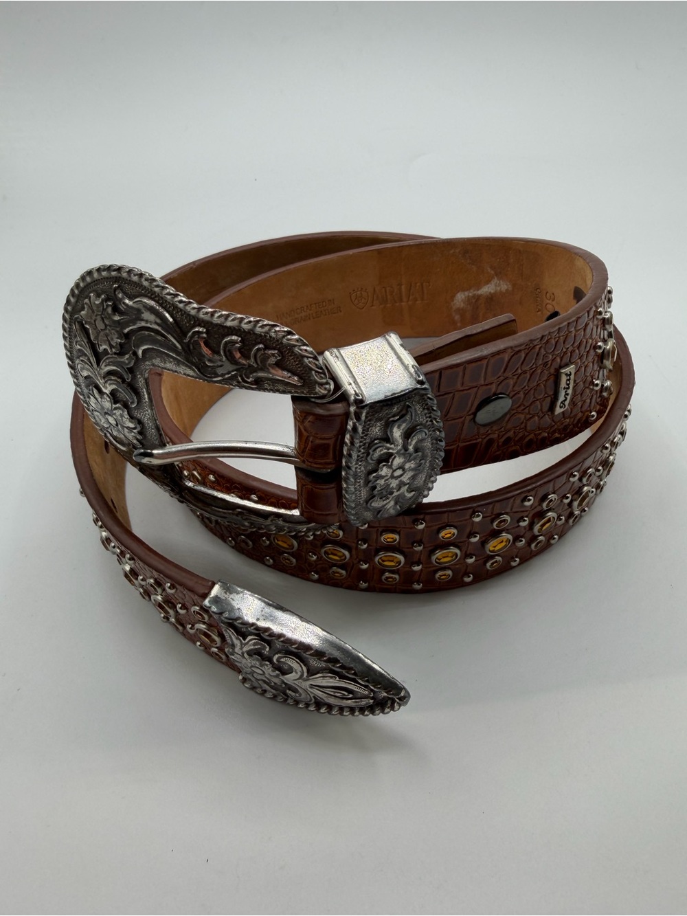 Ariat Brown Leather Croc Print Studs Rhinestones Women's Western Belt Size 30